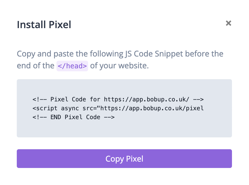 Install your Bobup Pixel Code